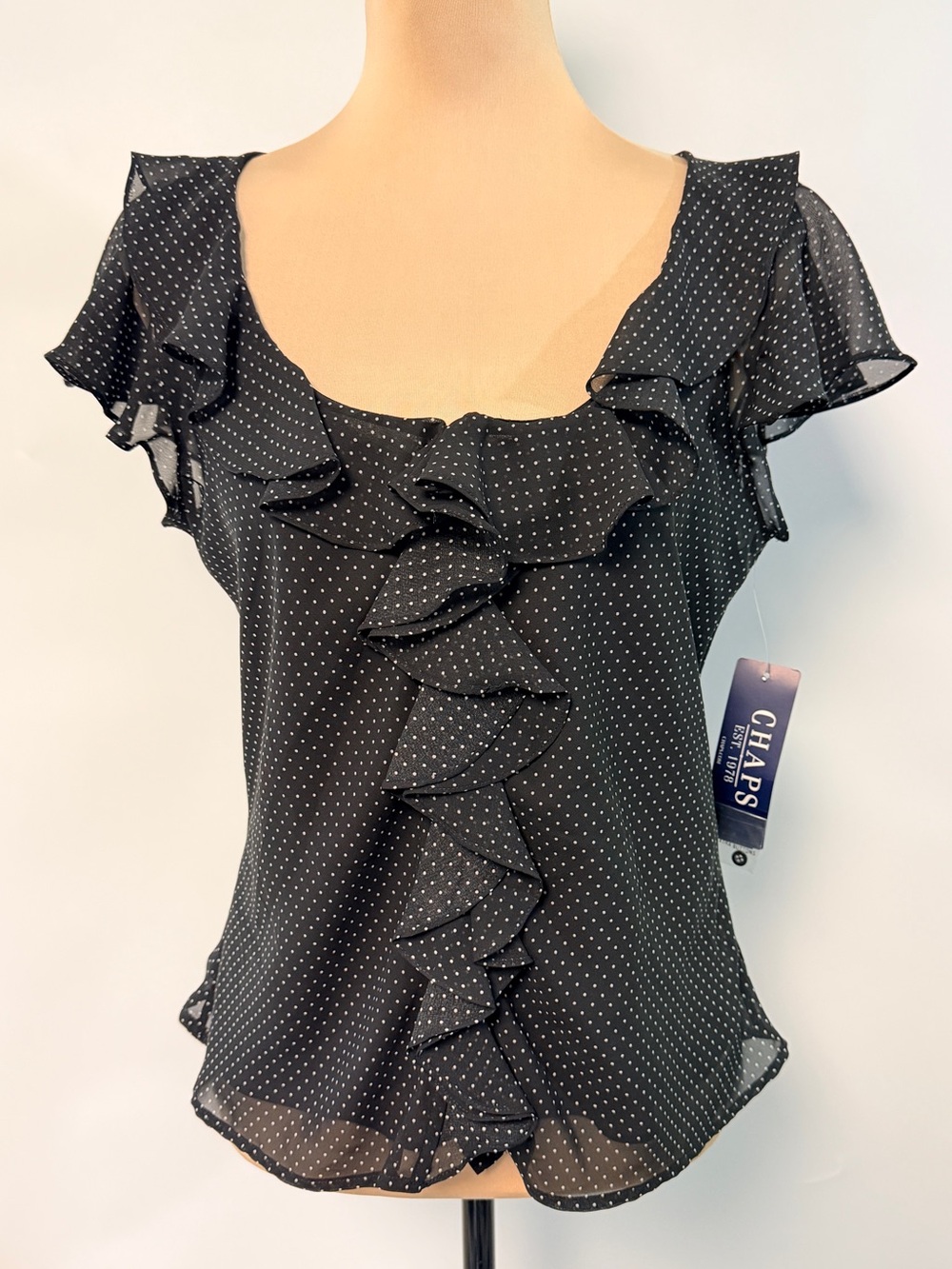New Chaps Sheer Top Women Black w/ White Polka Dots Ruffle Front Medium Career